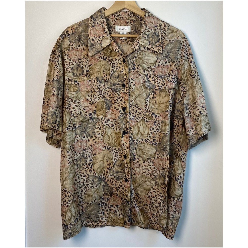 Cezar Silk Button Down Shirt Womens XL Brown Leaf Animal Print Vintage Safari